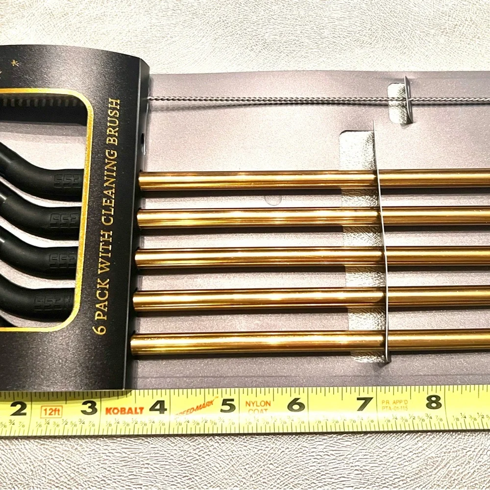 New Gold & Black Set of 5 Pack Stainless Steel Straws Cleaning Brush Reusable
